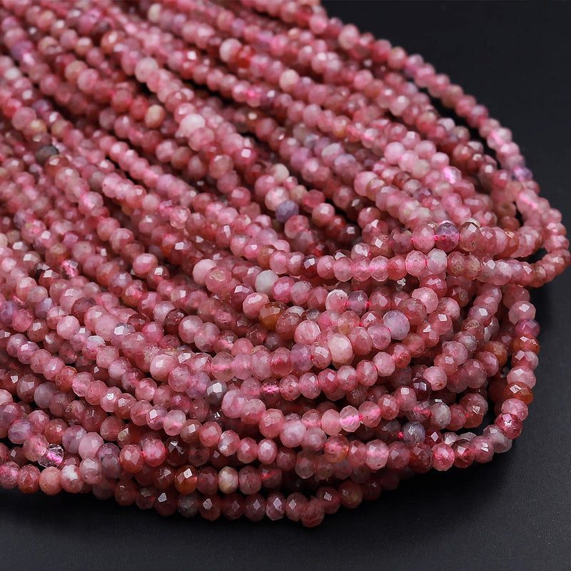 Faceted Natural Pink Tourmaline Rondelle 3mm 4mm Beads Diamond Cut Gemstone 15.5&quot; Strand