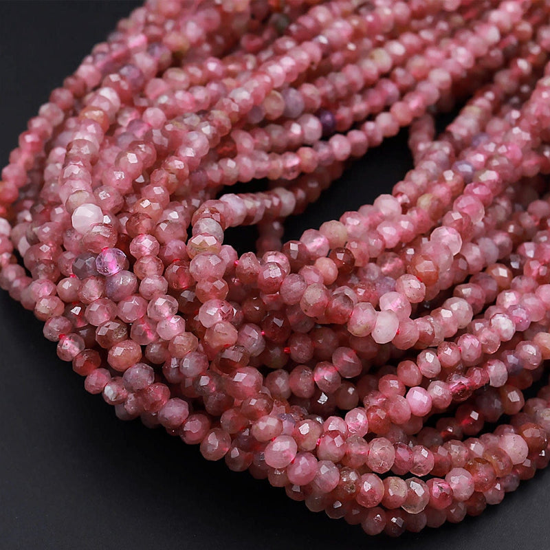 Faceted Natural Pink Tourmaline Rondelle 3mm 4mm Beads Diamond Cut Gemstone 15.5&quot; Strand