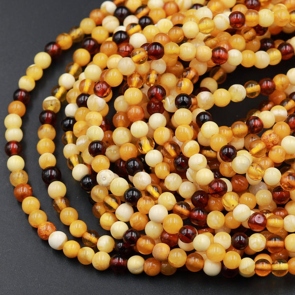 Real Genuine Natural Baltic Amber Smooth Round Beads 3mm 4mm Honey Yellow Golden Reddish Brown Gemstone 15.5&quot; Strand