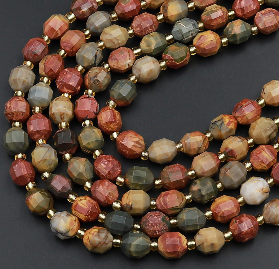 Red Creek Jasper 8mm Beads Faceted Energy Prism Double Terminated Points Aka Mutlicolor Picasso Jasper 15.5&quot; Strand