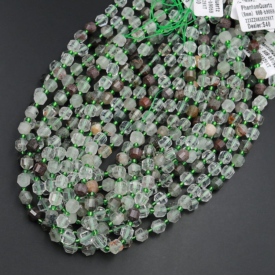 Natural Green Phantom Lodalite Quartz 8mm Beads Faceted Energy Prism Double Terminated Points 15.5&quot; Strand