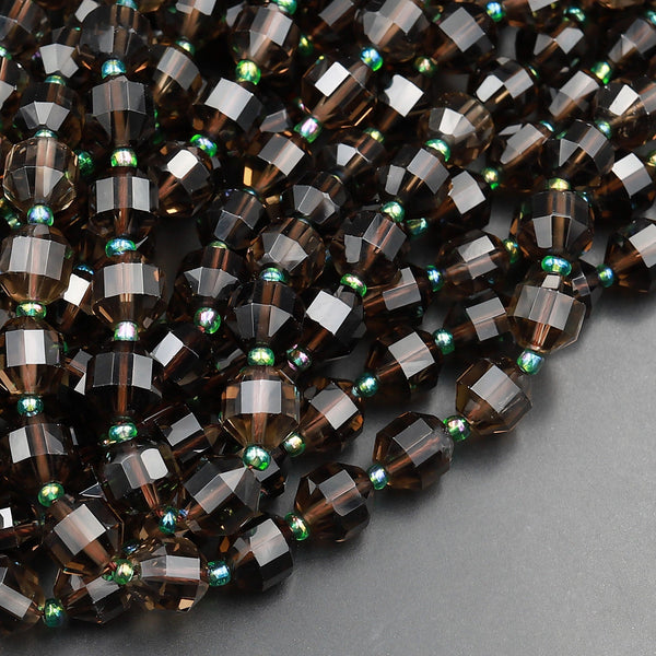Natural Smoky Quartz 10mm Beads Faceted Energy Prism Double Terminated Points 15.5&quot; Strand