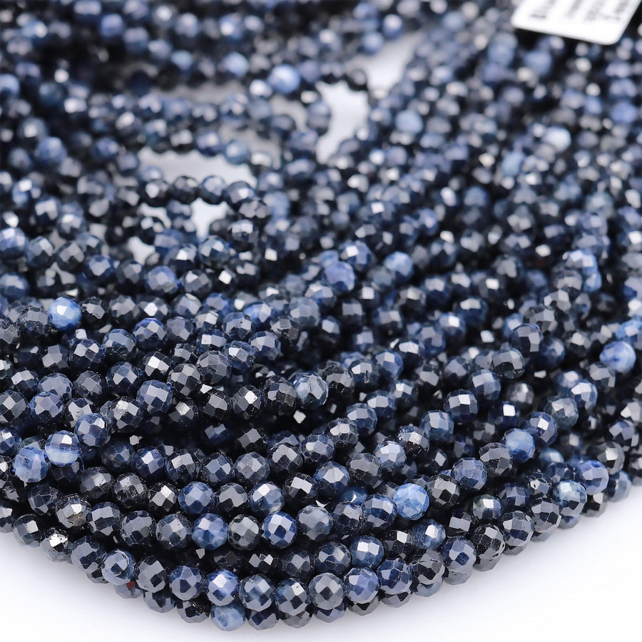 Faceted Natural Blue Sapphire 3mm 4mm Round Beads Real Genuine Deep Blue Gemstone From Burma 15.5&quot; Strand