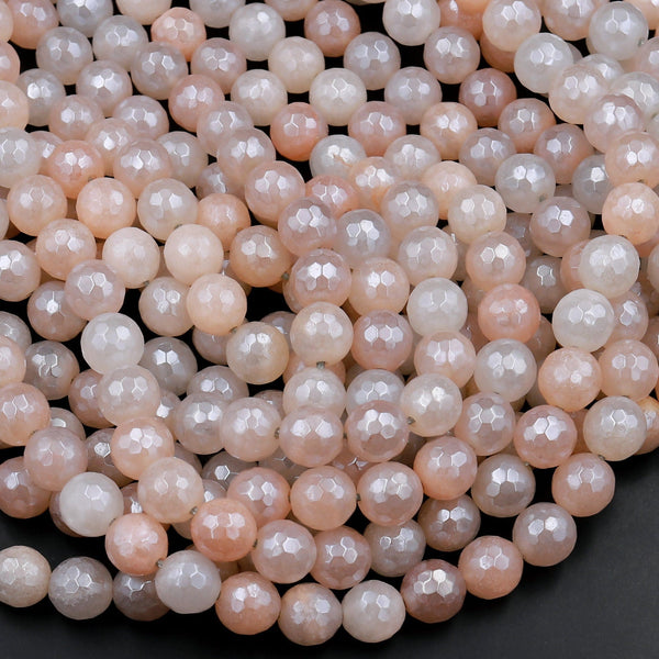 Mystic Peach Moonstone Faceted 6mm 8mm 10mm Round Beads Plated Silverite AB Coated Natural Gemstone 15.5&quot; Strand