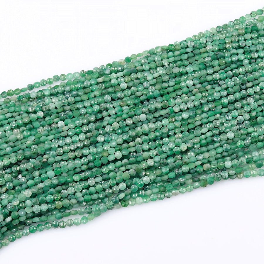 AA Real Genuine Natural Green Emerald Gemstone Faceted 4mm Coin Beads Laser Diamond Cut Gemstone May Birthstone 15.5&quot; Strand