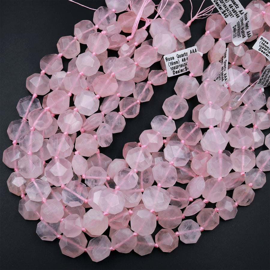 Faceted Madagascar Pink Rose Quartz Hexagon Square Coin Beads Dazzling Facets Natural Gemstone 15.5&quot; Strand