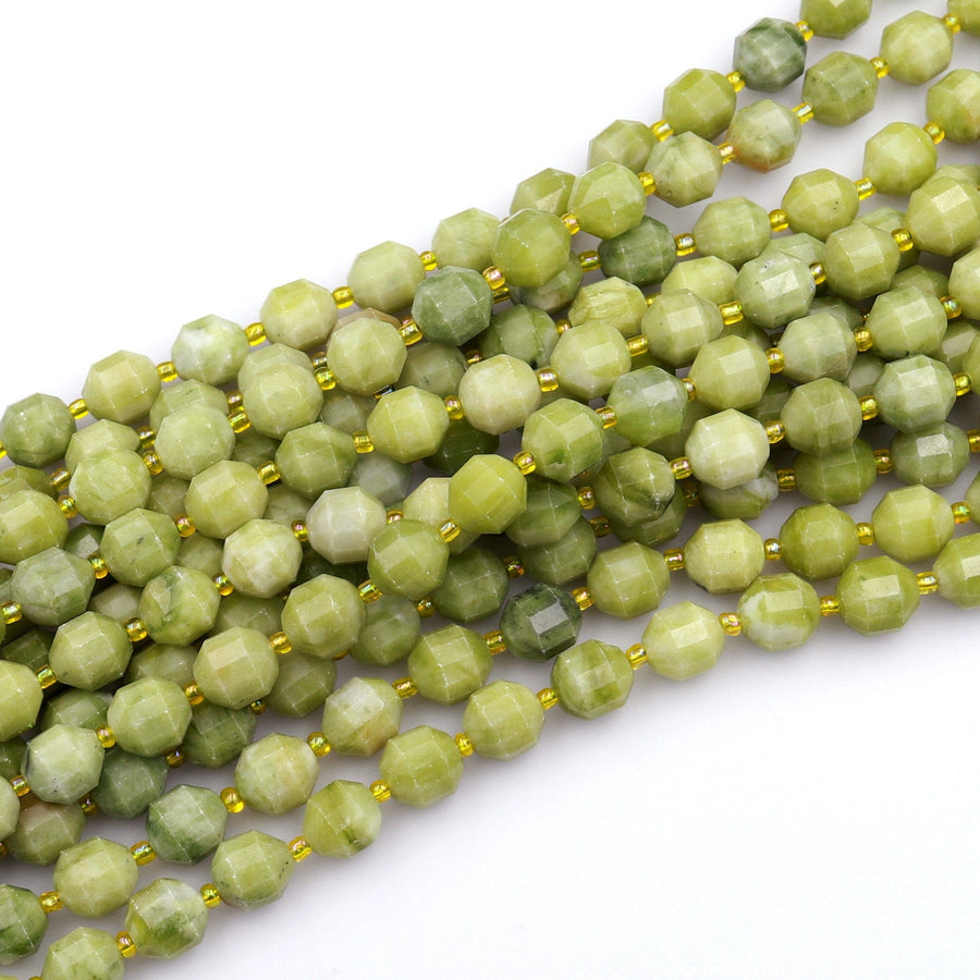 Faceted Natural Chartreuse Jade 10mm Beads Energy Prism Double Terminated Point Cut 15.5&quot; Strand