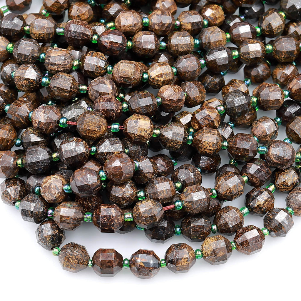 Faceted Natural Bronzite 8mm 10mm Beads Energy Prism Double Terminated Point Cut 15.5&quot; Strand
