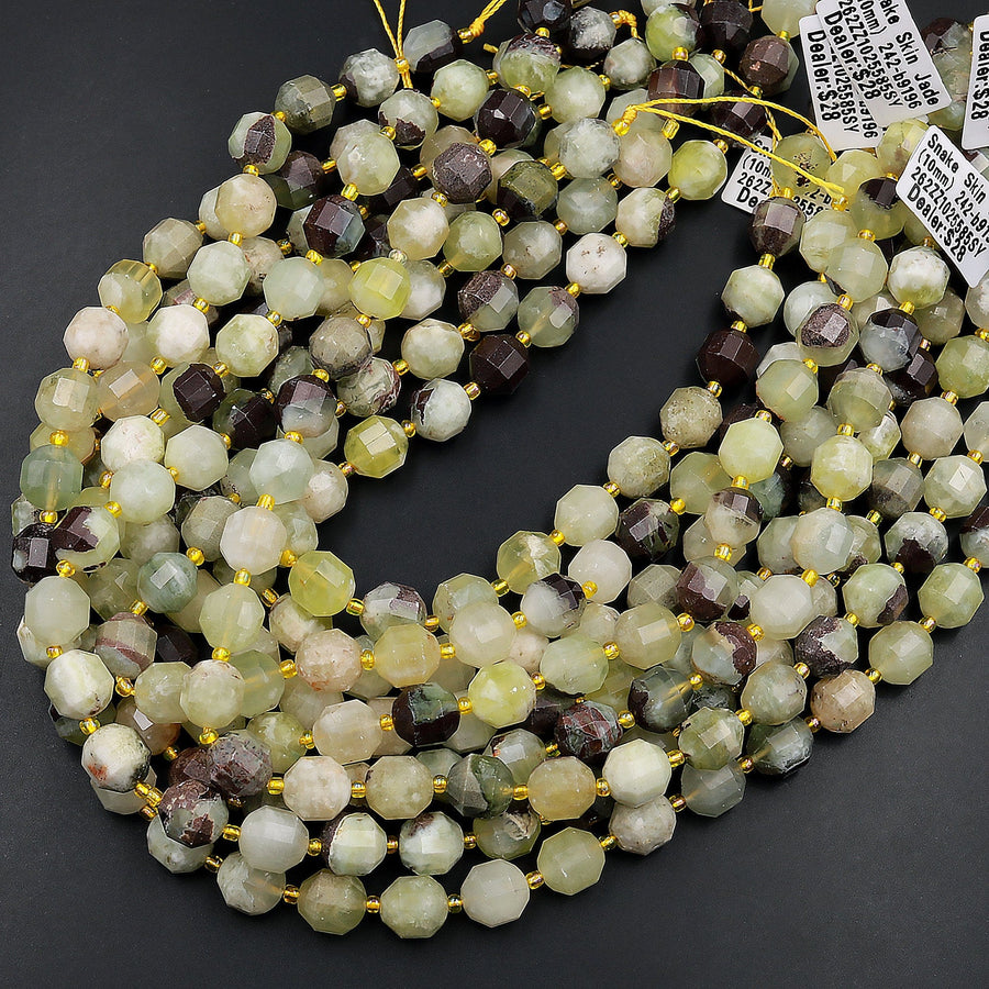 AAA Natural Snake Skin Jade 10mm Beads Faceted Energy Prism Double Terminated Point Cut 15.5&quot; Strand