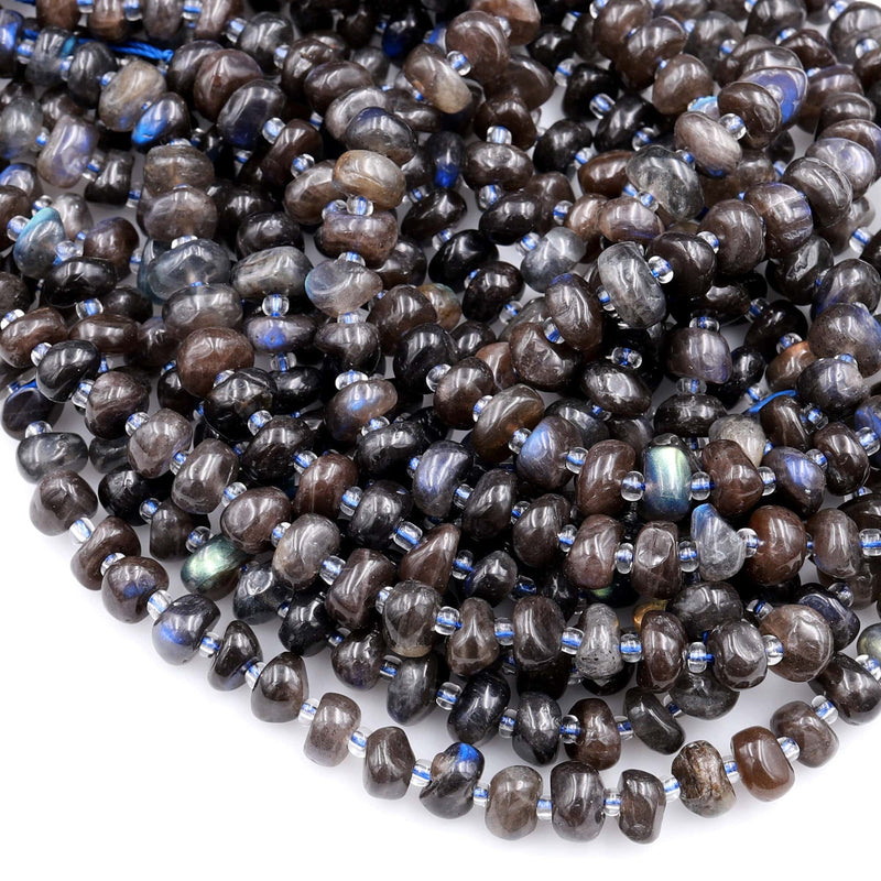 Natural Black Labradorite Beads Freeform Center Drilled Rondelle Disc Organic Cut Pebble Nuggets W Blue Flashes 15.5&quot; Strand