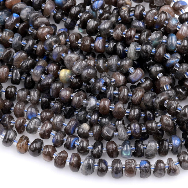 Natural Black Labradorite Beads Freeform Center Drilled Rondelle Disc Organic Cut Pebble Nuggets W Blue Flashes 15.5&quot; Strand