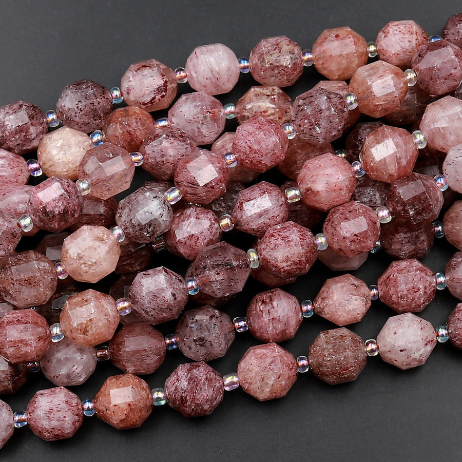 Natural Strawberry Quartz 10mm Beads Faceted Energy Prism Double Terminated Point Cut 15.5&quot; Strand