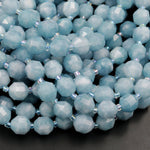 Natural Blue Aquamarine 10mm Beads Faceted Energy Prism Double Terminated Point Cut 15.5&quot; Strand