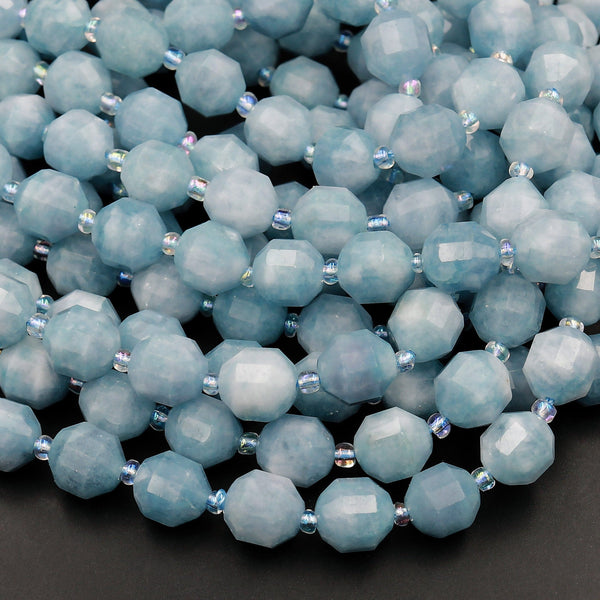 Natural Blue Aquamarine 10mm Beads Faceted Energy Prism Double Terminated Point Cut 15.5&quot; Strand