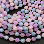 Natural Blue Aquamarine Pink Rose Quartz Violet Purple Amethyst 8mm Beads Energy Prism Double Point Cut 15.5&quot; Strand