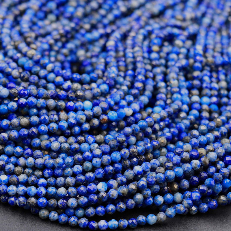 Micro Faceted Natural Blue Lapis 2mm 3mm Round Beads 15.5&quot; Strand