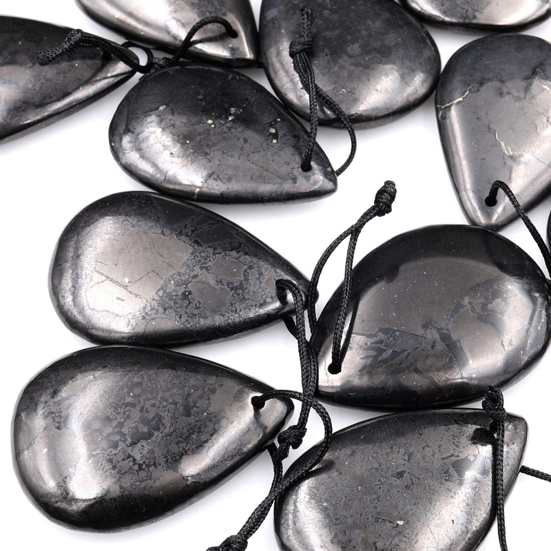 Hand Cut Genuine Natural Shungite Teardrop Pendant High Quality Black Lustrous Gemstone from Russia