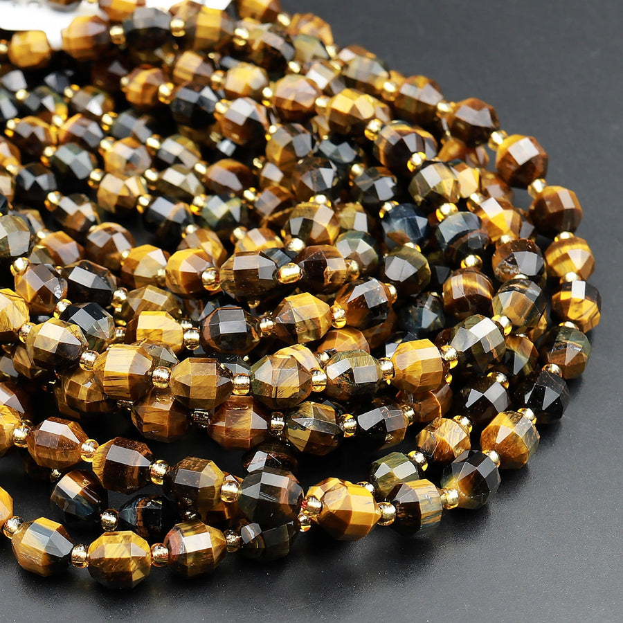 Natural Tiger Eye 8mm Beads Faceted Energy Prism Double Point Cut 15.5&quot; Strand