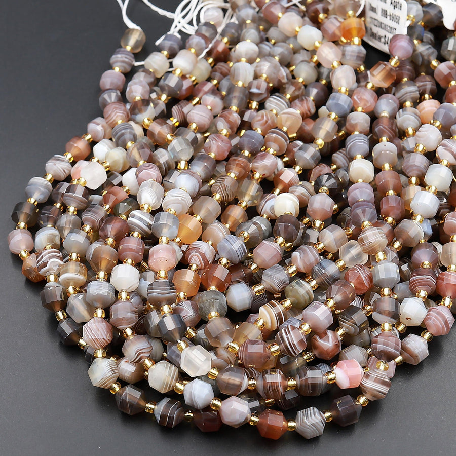 Natural Botswana Agate 8mm Beads Faceted Energy Prism Double Point Cut 15.5&quot; Strand