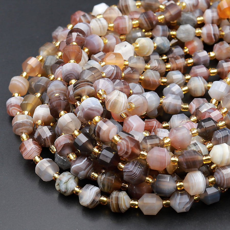 Natural Botswana Agate 8mm Beads Faceted Energy Prism Double Point Cut 15.5&quot; Strand