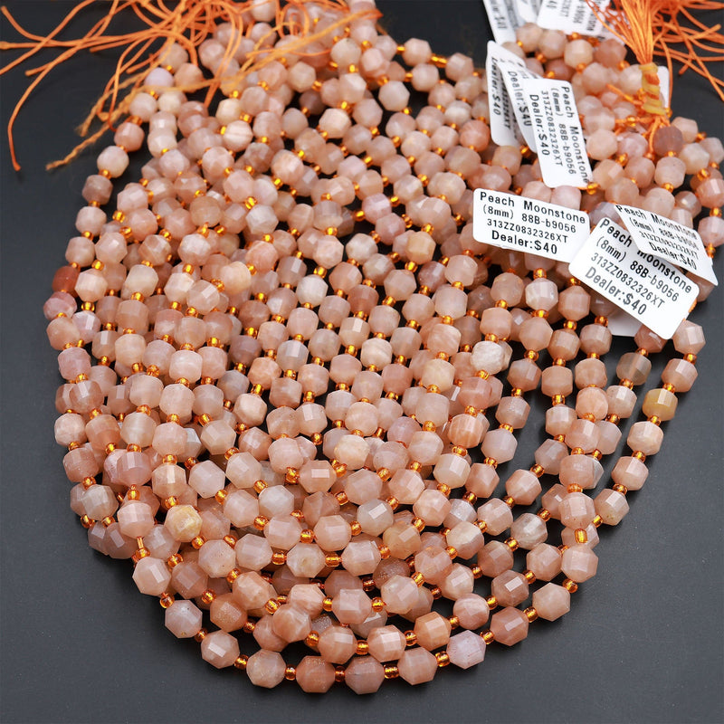 AAA Peach Moonstone 8mm Beads Faceted Energy Prism Double Point Cut 15.5&quot; Strand