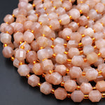 AAA Peach Moonstone 8mm Beads Faceted Energy Prism Double Point Cut 15.5&quot; Strand