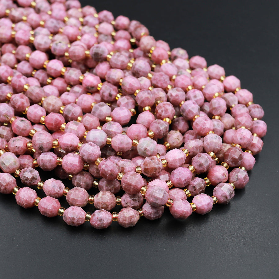 AAA Natural Rhodonite 8mm Beads Reddish Pink Stone Faceted Energy Prism Double Point Cut 15.5&quot; Strand