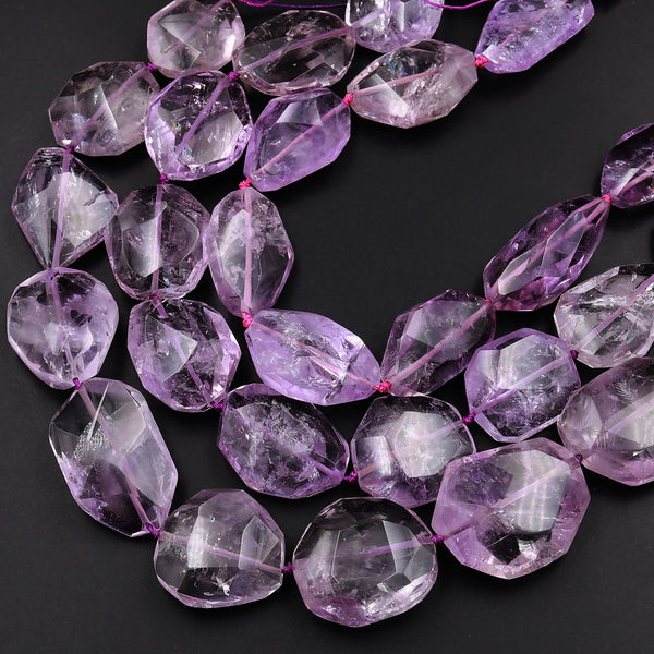 Large Extra Gemmy Freeform Faceted Natural Purple Amethyst Beads Nuggets Hand Cut Crystals 15.5&quot; Strand