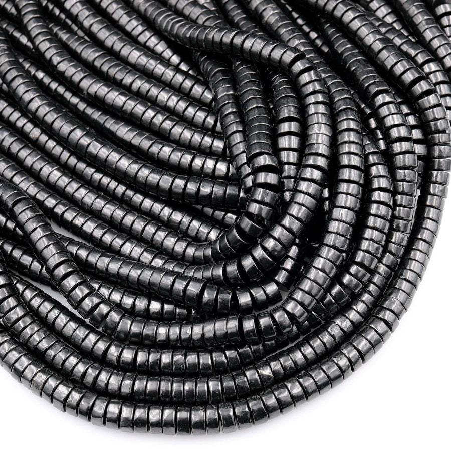 Genuine Natural Shungite Heishi 6mm 8mm Beads High Quality Black Lustrous Gemstone from Russia 15.5&quot; Strand