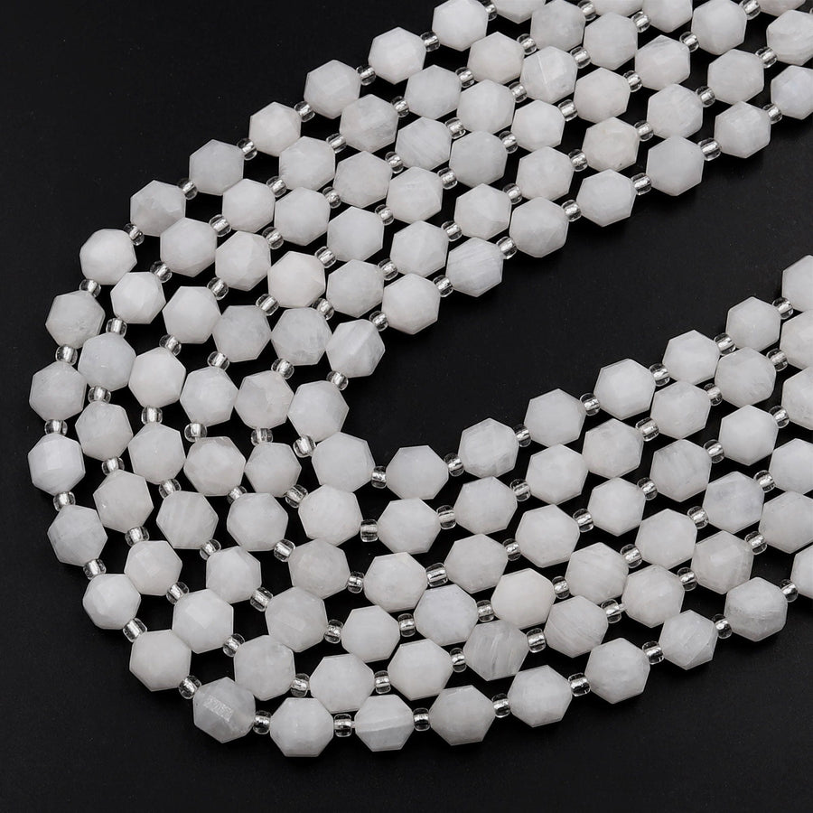 Natural White Moonstone 8mm Beads Faceted Energy Prism Double Terminated Points 15.5&quot; Strand
