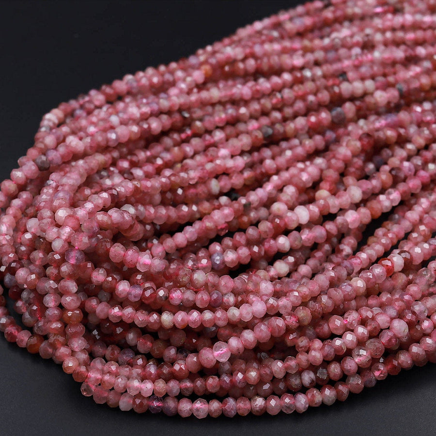Faceted Natural Pink Tourmaline Rondelle 3mm 4mm Beads Diamond Cut Gemstone 15.5&quot; Strand