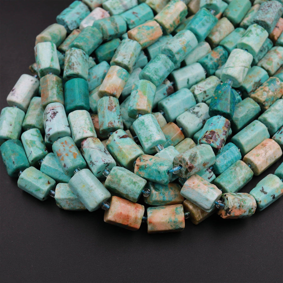 Rare Natural Peruvian Turquoise Tube Beads Hand Cut Faceted Cylinder Gemstone 15.5&quot; Strand