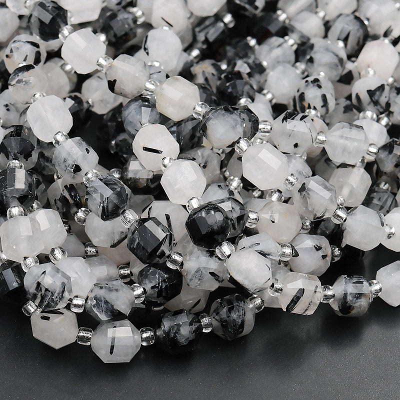 Black Tourmaline Rutilated Rutile Quartz 8mm Beads Faceted Energy Prism Double Terminated Points 15.5&quot; Strand