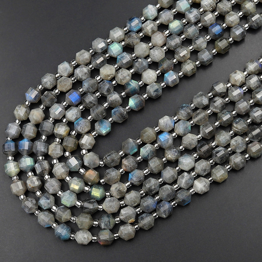 Natural Labradorite 8mm Beads Faceted Energy Prism Double Terminated Points 15.5&quot; Strand
