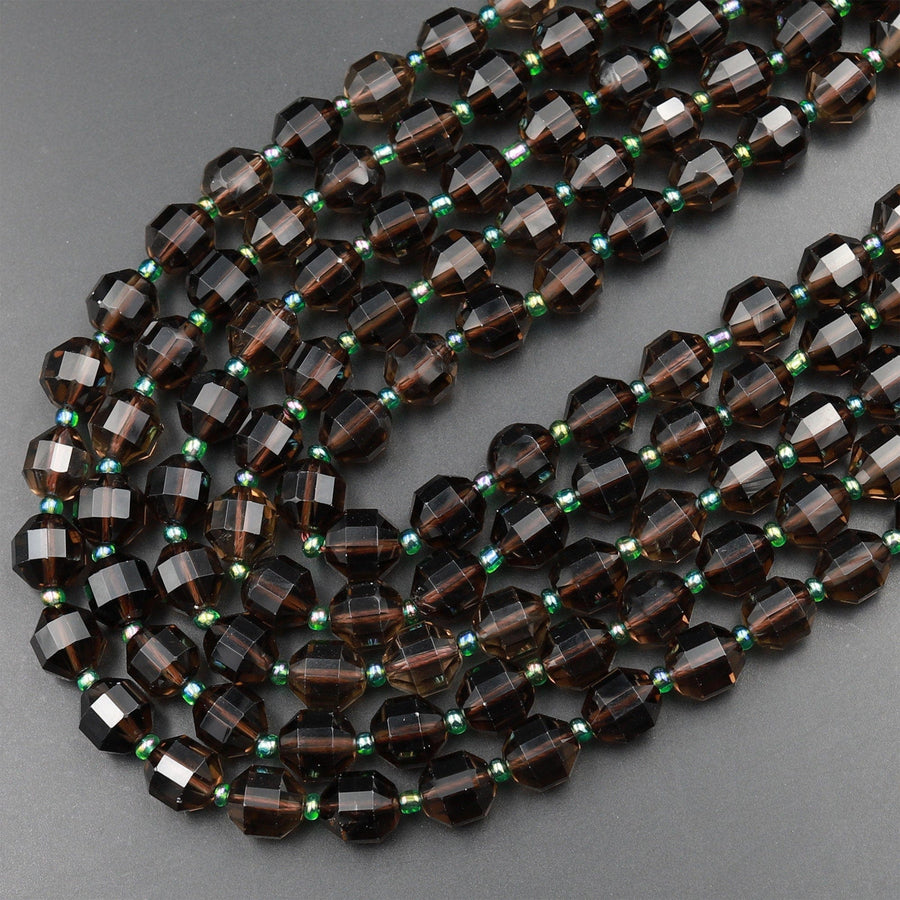 Natural Smoky Quartz 10mm Beads Faceted Energy Prism Double Terminated Points 15.5&quot; Strand