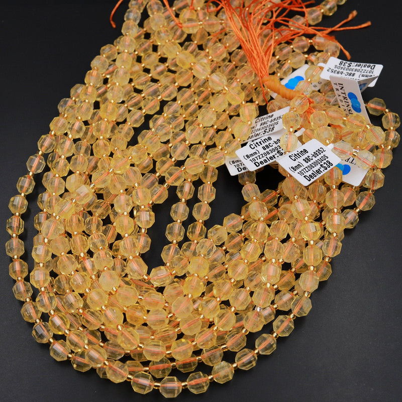 Natural Golden Citrine 8mm Beads Faceted Energy Prism Double Terminated Points 15.5&quot; Strand