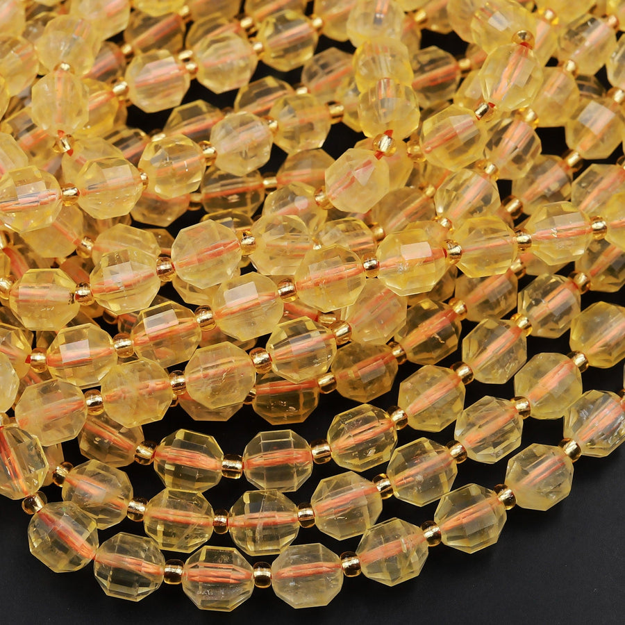 Natural Golden Citrine 8mm Beads Faceted Energy Prism Double Terminated Points 15.5&quot; Strand