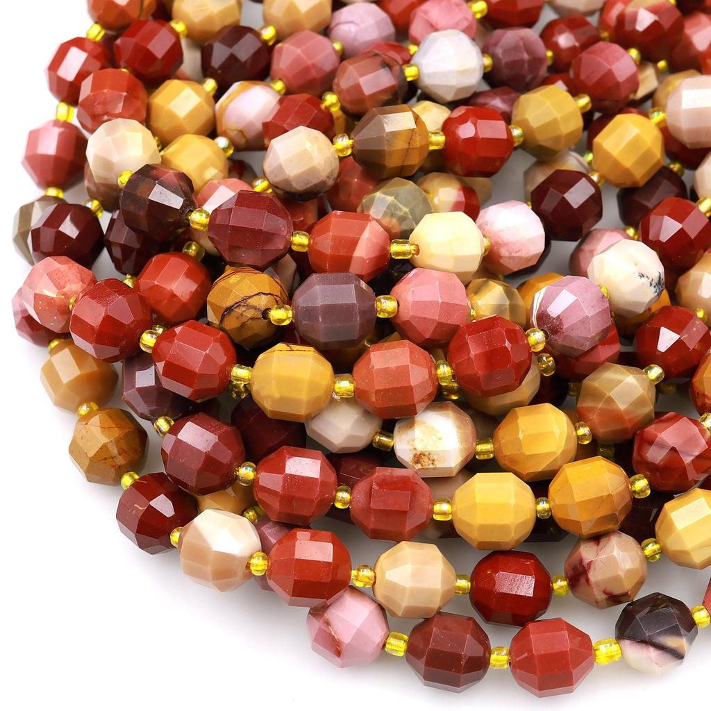 Australian Mookaite Jasper 8mm 10mm Beads Faceted Energy Prism Double Point Cut Gorgeous Sunset Colors Maroon Red Yellow Tan 15.5&quot; Strand