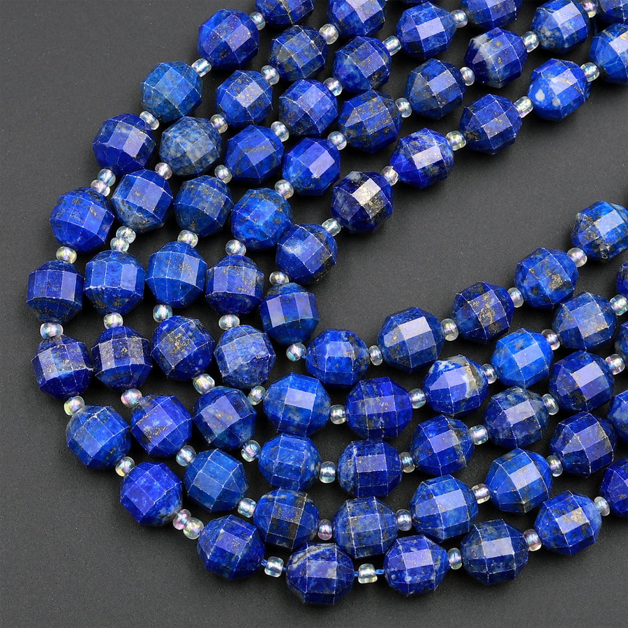 Natural Blue Lapis 8mm 10mm Beads Faceted Energy Prism Double Point Cut 15.5&quot; Strand