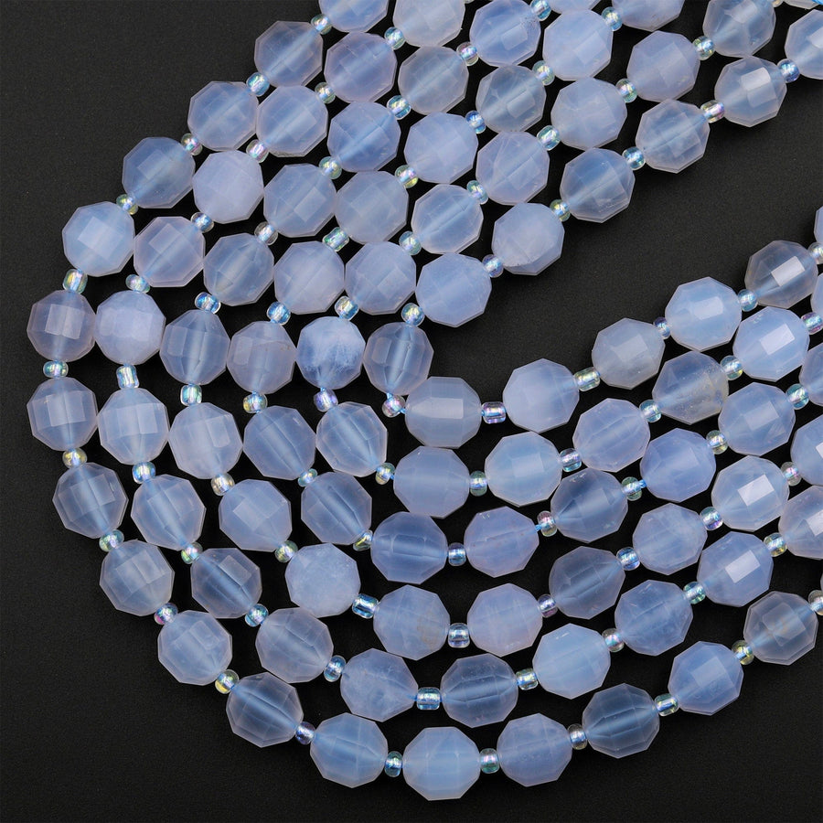AAA Natural Blue Chalcedony 8mm 10mm Beads Faceted Energy Prism Double Terminated Point Cut 15.5&quot; Strand