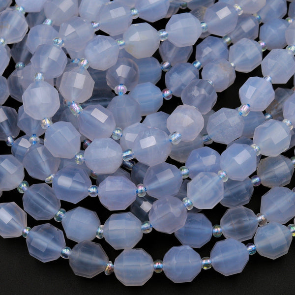 AAA Natural Blue Chalcedony 8mm 10mm Beads Faceted Energy Prism Double Terminated Point Cut 15.5&quot; Strand