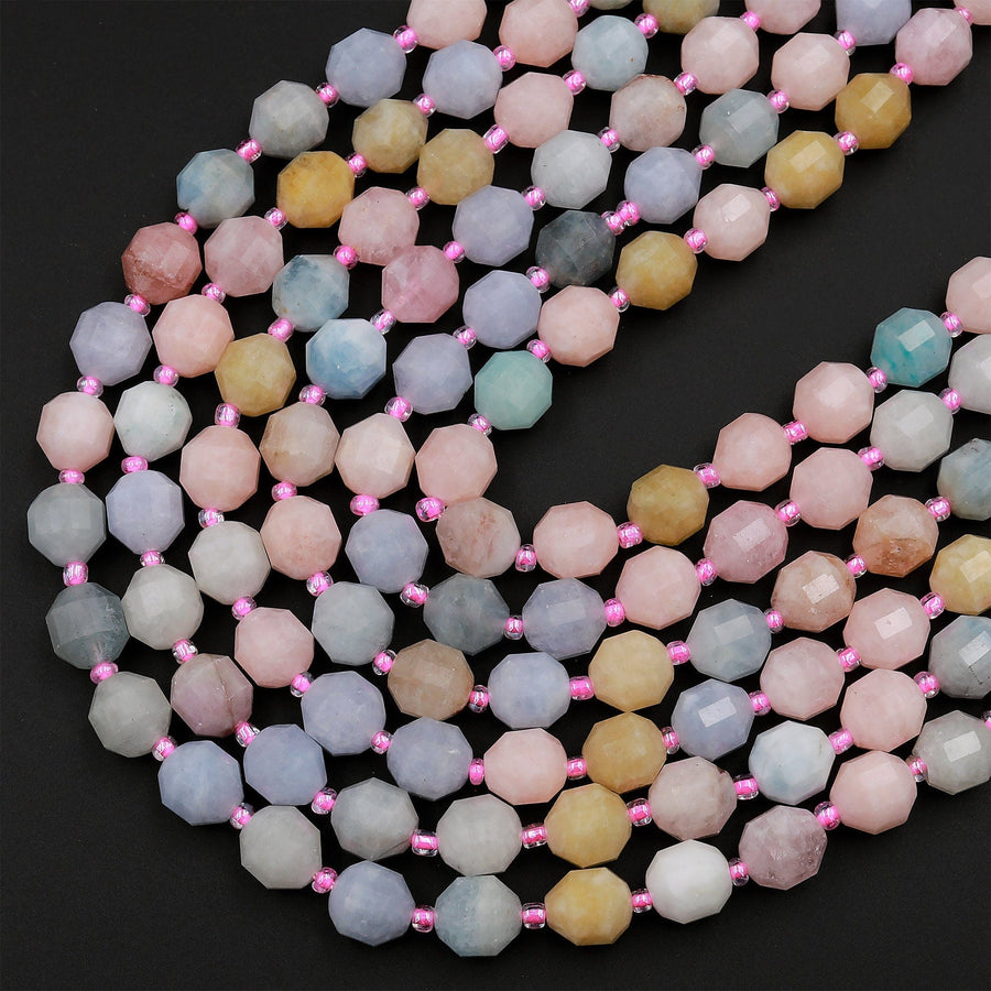 Faceted Natural Blue Aquamarine Pink Morganite 8mm 10mm Beads Energy Prism Double Point Cut 15.5&quot; Strand