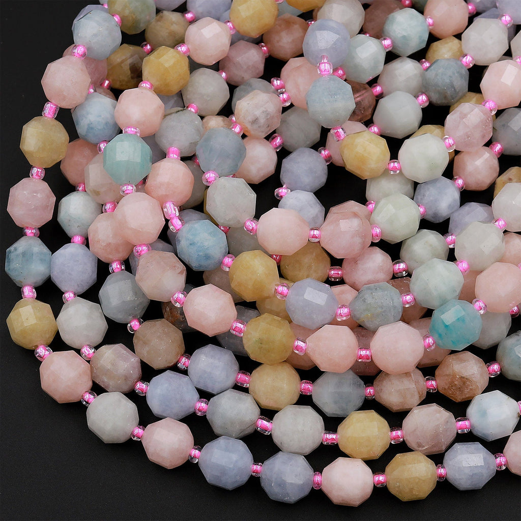 Faceted Natural Blue Aquamarine Pink Morganite 8mm 10mm Beads Energy Prism Double Point Cut 15.5&quot; Strand