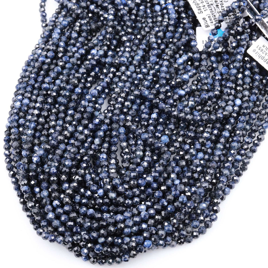 Faceted Natural Blue Sapphire 3mm 4mm Round Beads Real Genuine Deep Blue Gemstone From Burma 15.5&quot; Strand