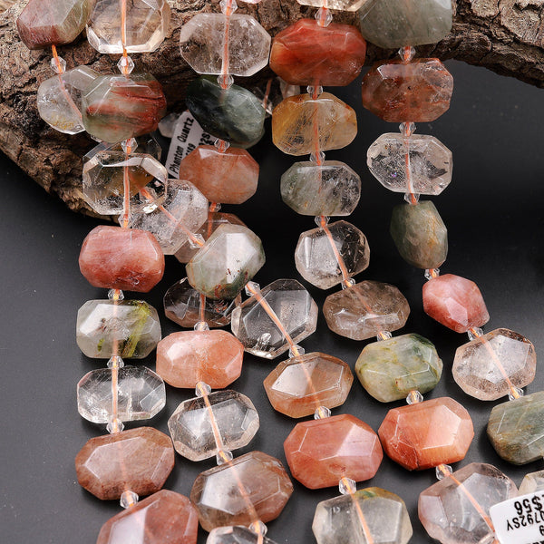 Natural Phantom Lodolite Quartz Faceted Octagon Rectangle Cushion Center Drilled Beads Golden Red Green Crystal Quartz Rutile 15.5&quot; Strand