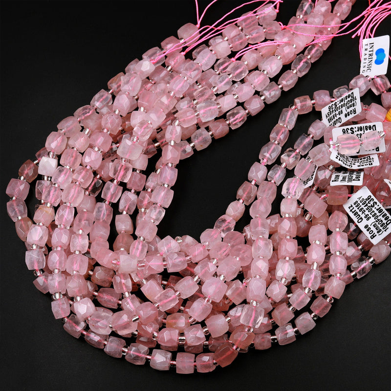 Natural Pink Rose Quartz 8mm Faceted Cube Beads Dice Square 15.5&quot; Strand