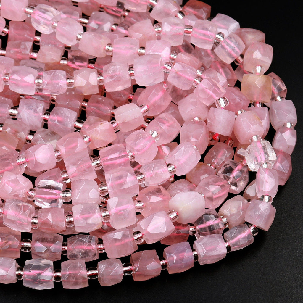 Natural Pink Rose Quartz 8mm Faceted Cube Beads Dice Square 15.5&quot; Strand