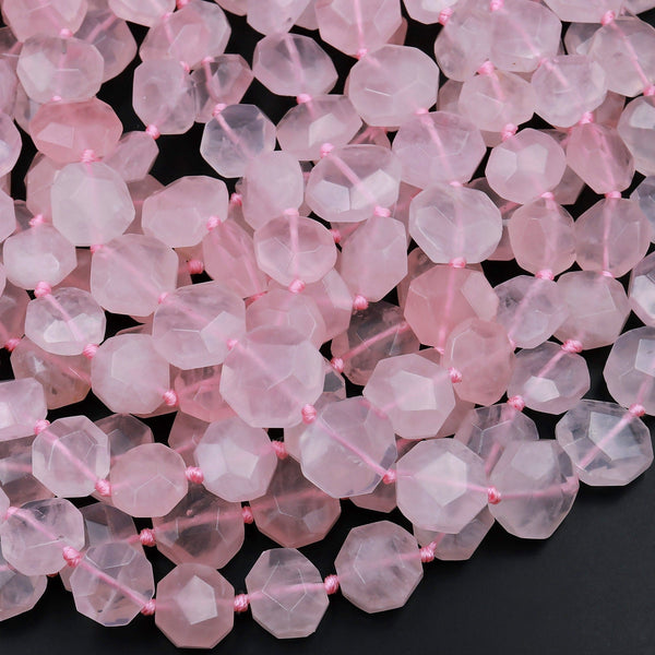 Faceted Madagascar Pink Rose Quartz Hexagon Square Coin Beads Dazzling Facets Natural Gemstone 15.5&quot; Strand