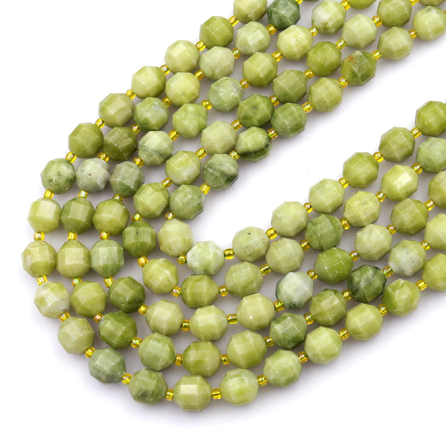 Faceted Natural Chartreuse Jade 10mm Beads Energy Prism Double Terminated Point Cut 15.5&quot; Strand