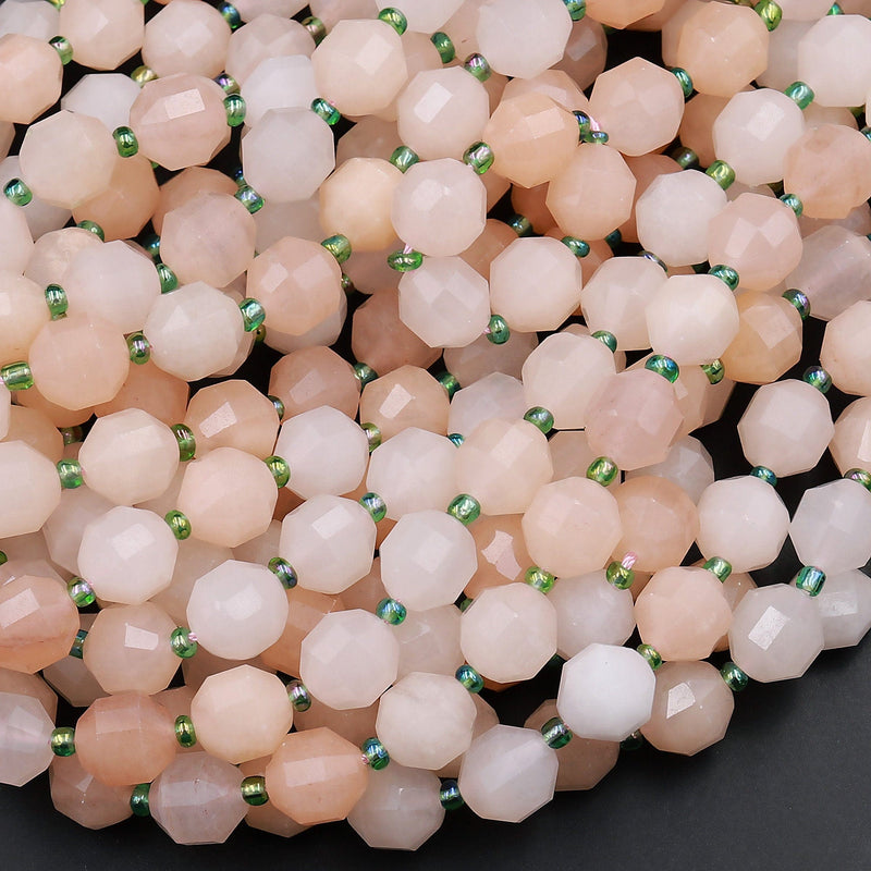 Faceted Natural Peach Aventurine 8mm 10mm Beads Energy Prism Double Terminated Point Cut 15.5&quot; Strand